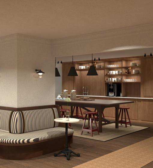Rendering över konferens lounge med community bord och sköna soffor